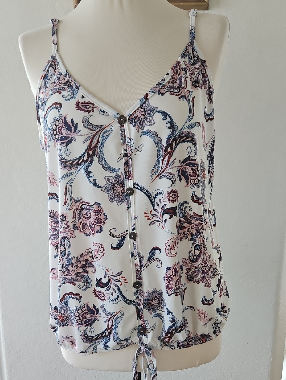 Paisley Button-Front Camisole Tank - White with Blue & Pink Print
